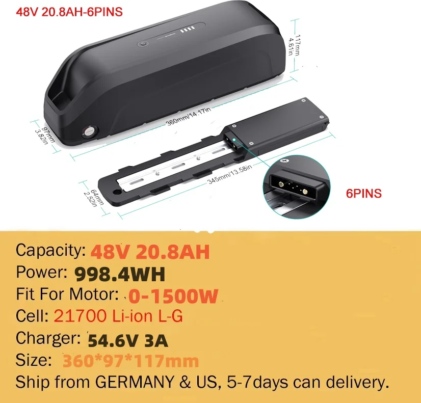 4-poliger 48V 20Ah Hailong E-Bike Akku für den Unterrohrmontage, wiederaufladbarer Zusatzakku 1000W 1400W für V8 E-Bike – Detail 11