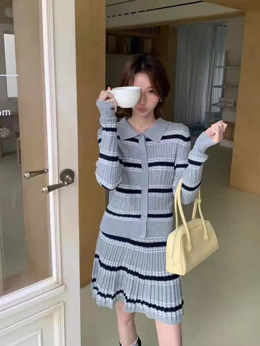 韓国風カジュアルストライプニットセット レディース ニットオープンカーディガン スカートセーター ツーピースセット ソフトダブルニット