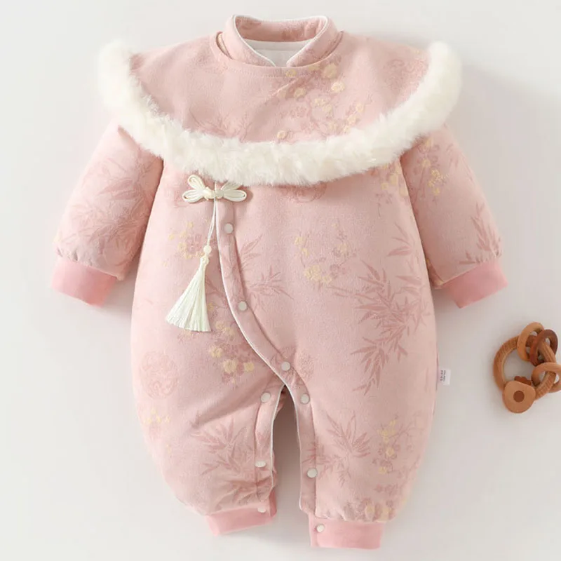Winter Clothings Infant Girl Clothes Chinese Style Cute Pink Flowers Print Warm Thicker Jumpsuits Baby Romper Newborn Items B162