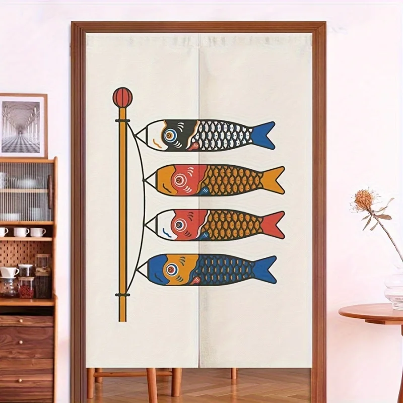 Colorful Koi Fish Design Japanese Door Curtain - Traditional Linen Velcro Kitchen And Store Decoration Kitchen Wall Decoration