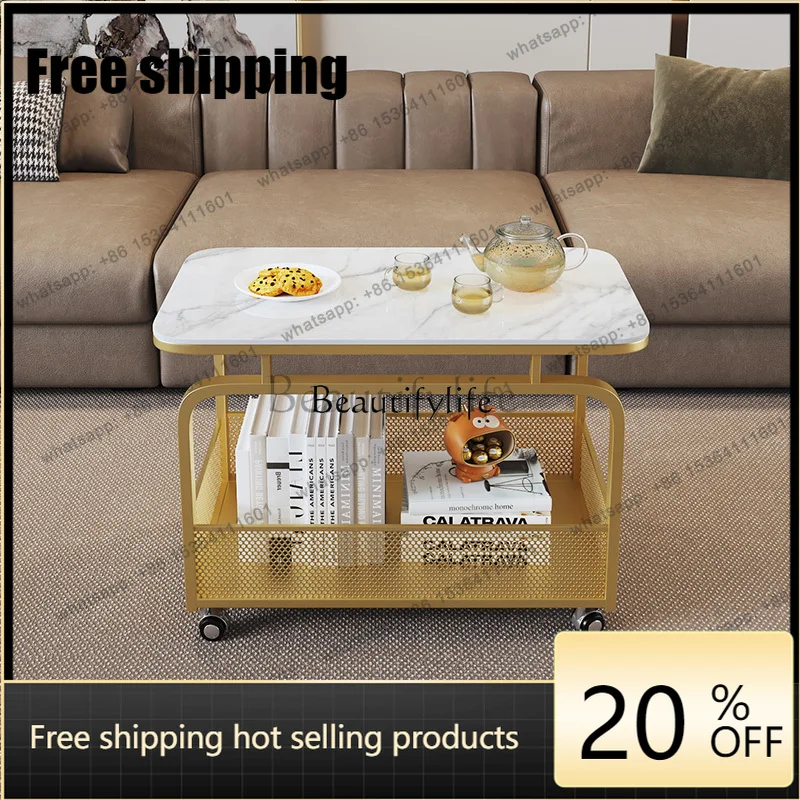 HJ Living Room Movable Coffee Table Trolley Rock Slab Sofa Side Table Light Luxury Creative Shelf Bedroom Bedside T