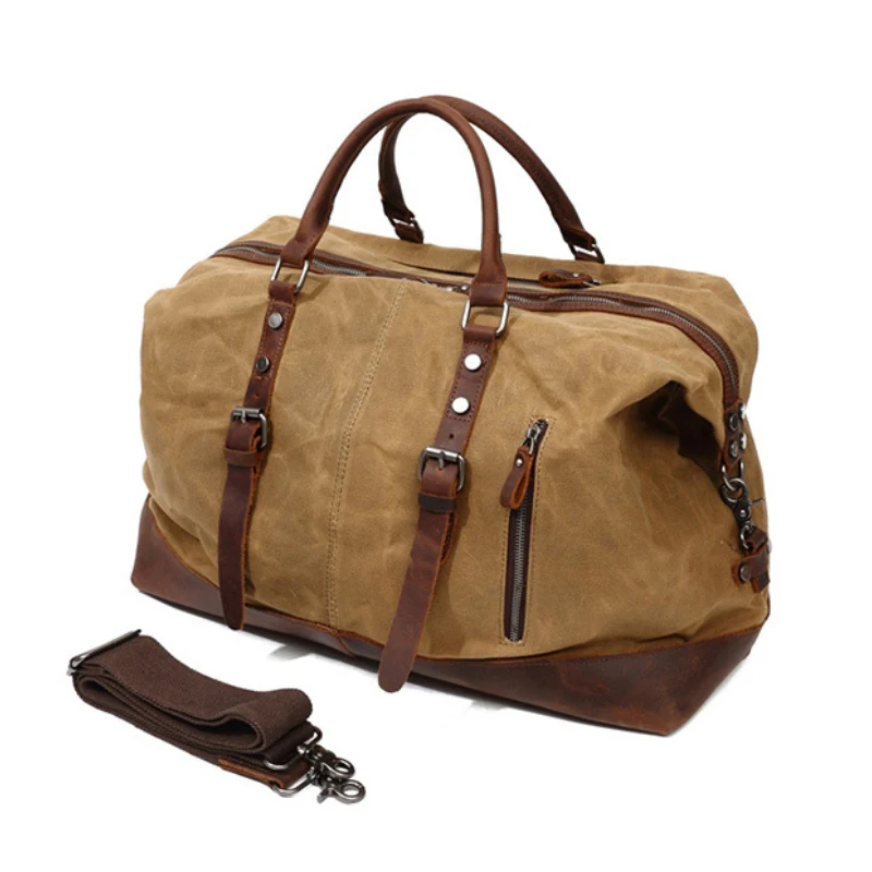 

Водонепроницаемая мужская дорожная сумка, винтажная дорожная сумка из вощеной парусины, дорожная сумка выходного дня, ручная кладь с отделкой из натуральной кожи