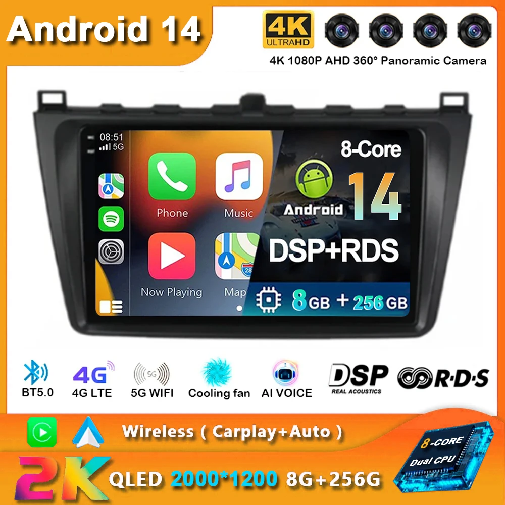 

Android 14 Carplay Auto Car Radio For Mazda 6 GH 2007 - 2012 Navigation GPS Multimedia Player Stereo wifi+4G DSP video BT 2 DIN