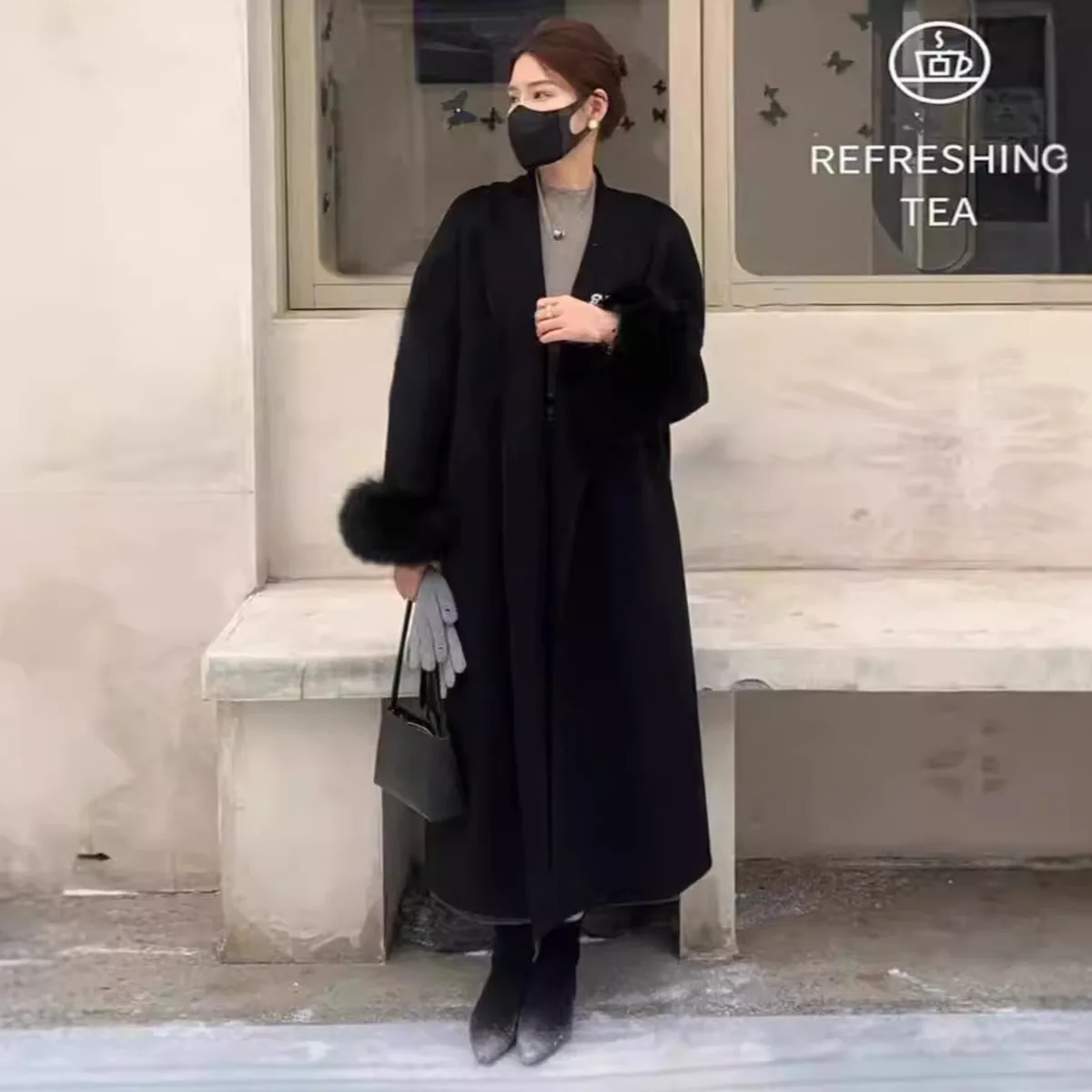 BJTZ خريف شتاء 2025 جديد المرأة طويلة مزدوجة الوجه معطف من قماش الكشمير مع انفصال الثعلب الفراء الأصفاد التلبيب طوق الصوف مزيج دافئ #4