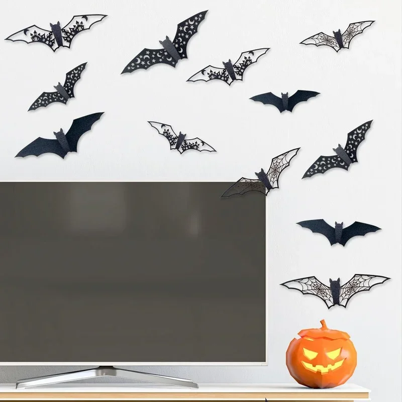 12/48pcs Halloween Bat Wall Stickers 3D Hollow Black Stickers for Halloween Party Home Room Horror House DIY Decoration Decals