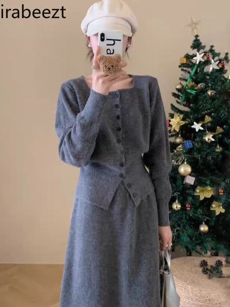 This Year's Fashion Beautiful Knitted Skirt Women's Autumn and Winter Sweater Coat Two-piece Set Conjuntos De Saias