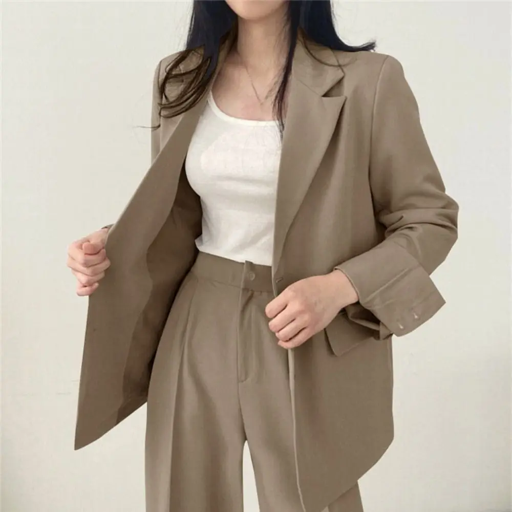 Classic Wide Leg Solid Vintage Suit Jacket Korean Style Long Sleeve Suit Office Blazers College Clothes Pants Suits Women Women