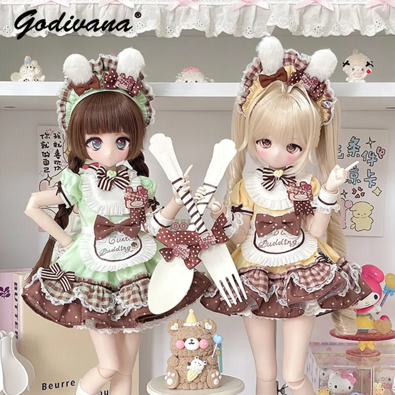 1/4 BJD Doll Clothes Sweet Dessert Pudding Maid Lolita Outfit Bunny Ear Headpiece Plaid Polka‑Dot Apron Dress for 1/6 BJD Doll