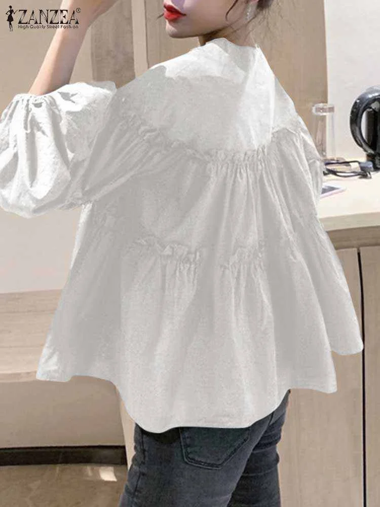 ZANZEA Korean Fashion Blouse Women Long Puff Sleeve Work Shirt Casual Loose Party Blusas Tunic Office Work Tops Ruffles Chemise