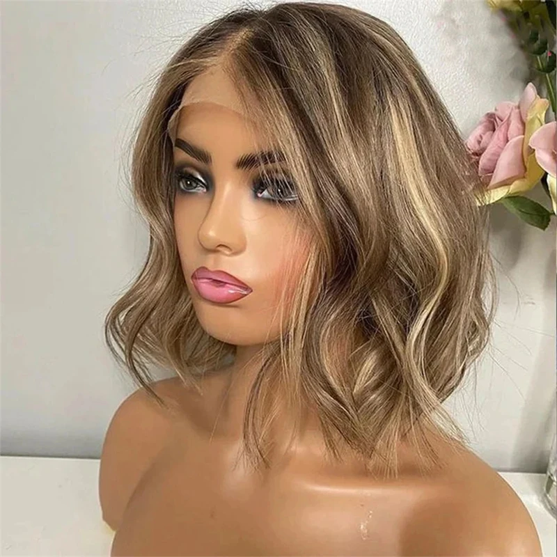 Short Bob Ash Blonde Lace Frontal Wig 100% Human Hair Brown Highlight 13x4 Water Wave HD Lace Front Human Hair Wigs For Women