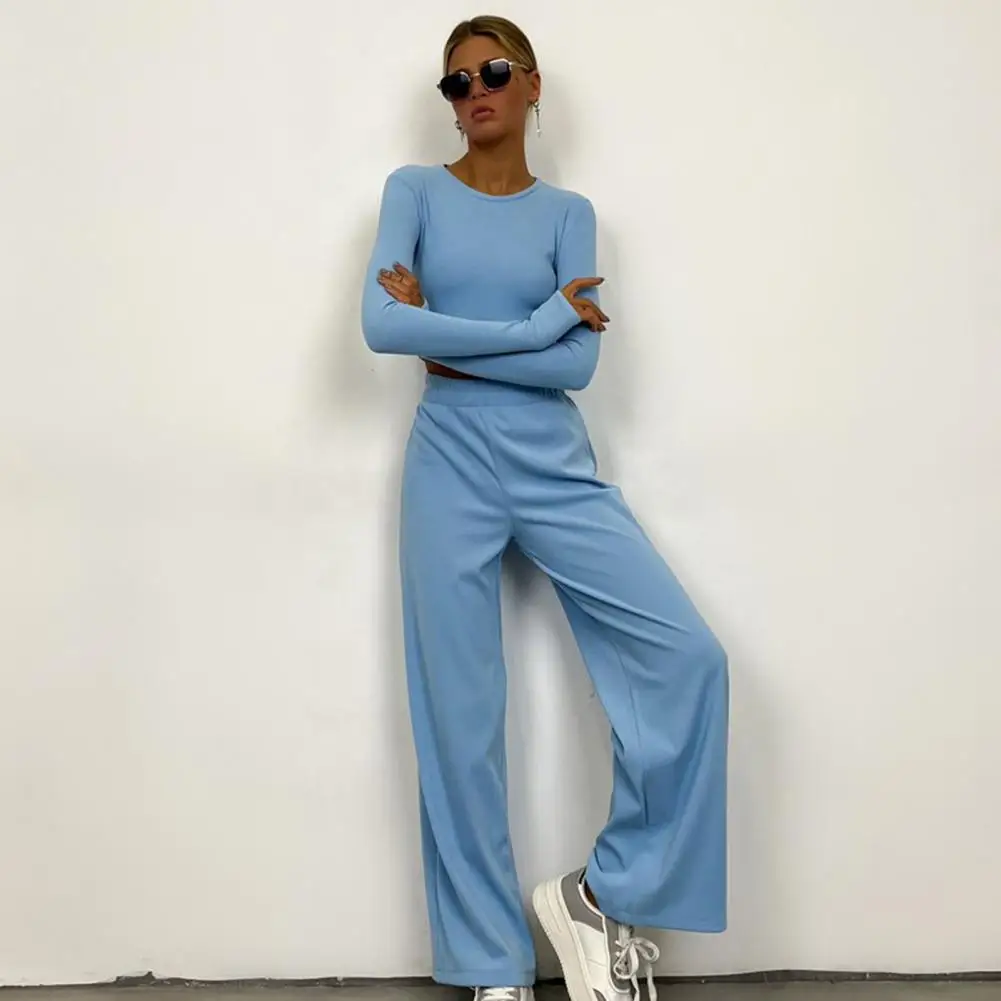 Women 2 Piece Lounge Set Long Sleeve Cropped Pullover Top Wide Leg Pants Set Fall Crewneck Tracksuit Casual Outfits