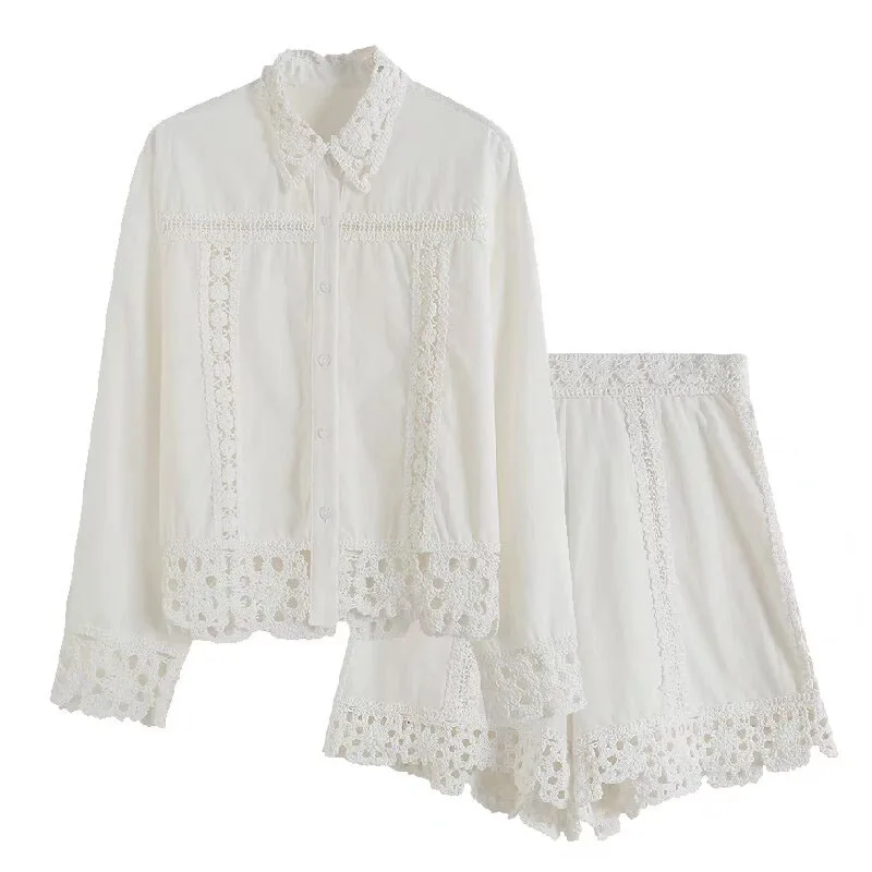 2024 new casual white versatile women\'s retro spring and summer fashion casual lace stitching shirt shorts