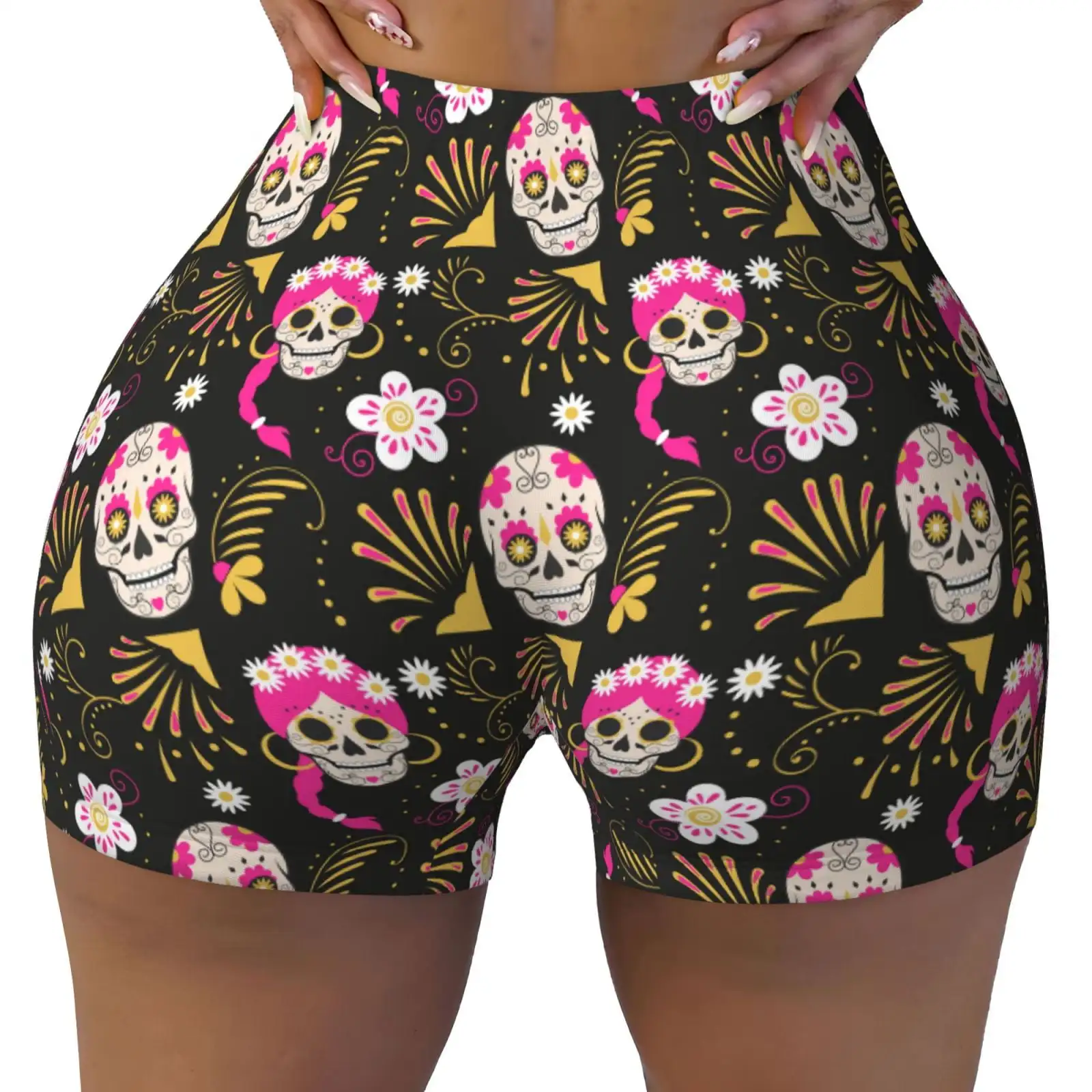 Skull Daisy Printed Power Workout Shorts for Women Tummy Control Squat Proof Ribbed Thick Seamless Scrunch Active