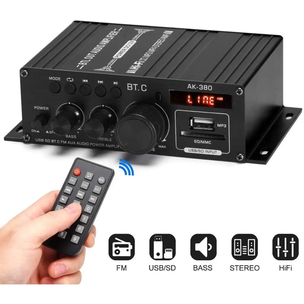 

AK380 400 Вт + 400 Вт усилитель мощности звука, 2-канальный для системы PA для автомобильного кинотеатра