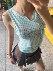 Yedinas Blue Plaid Tank Tops Female Sleeveless Tshirts Women Mesh Tops Summer 2024 Y2k See Through Tanks 2000s Japanese