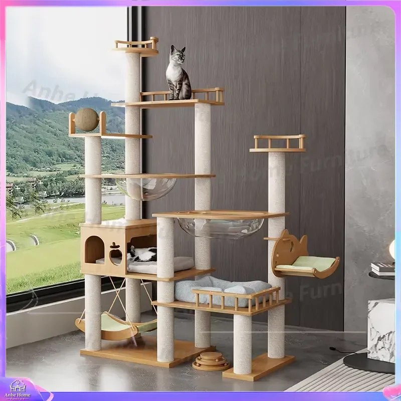 Bamboo Cat Tree with Climbing Frame and Integrated Four Seasons Cat House Modern Large Cat Tower for Big Cats High Aesthetic