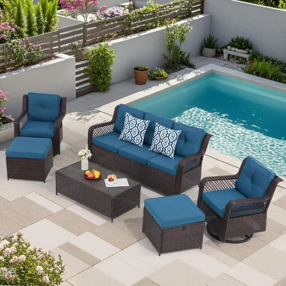 6 Pieces Wicker Patio Furniture Set Conversations Sets, 2 Outdoor 360° Swivel Rocking Chairs, Poolside, Backyard (Grey)