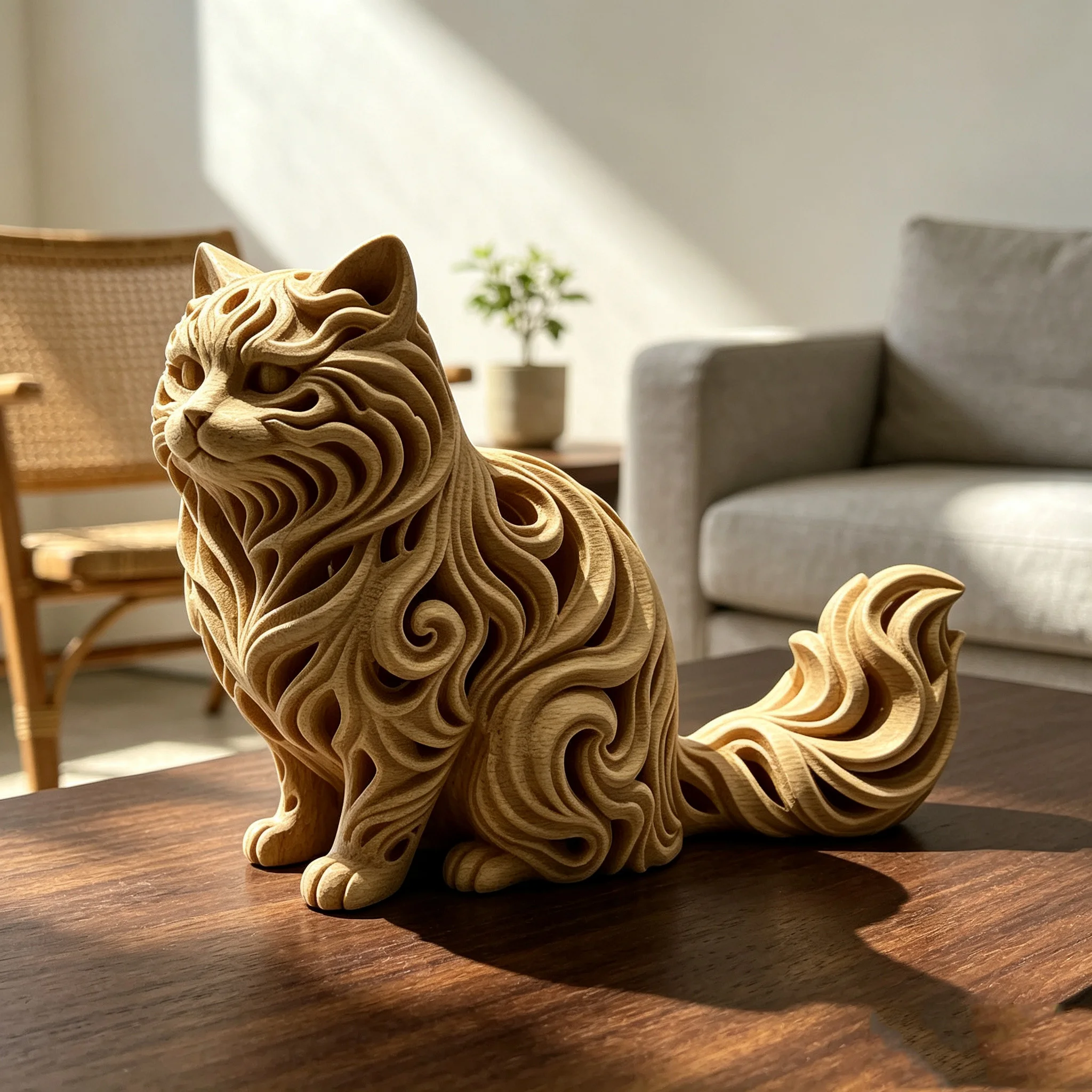 Vintage Hohlgeschnitzte Katzenfigur 3D-Gedruckt mit Holzimitat-Textur Langhaarige Katzenstatue Kunsthandwerk Dekoration für Zuhause und Schreibtisch – Detail 8