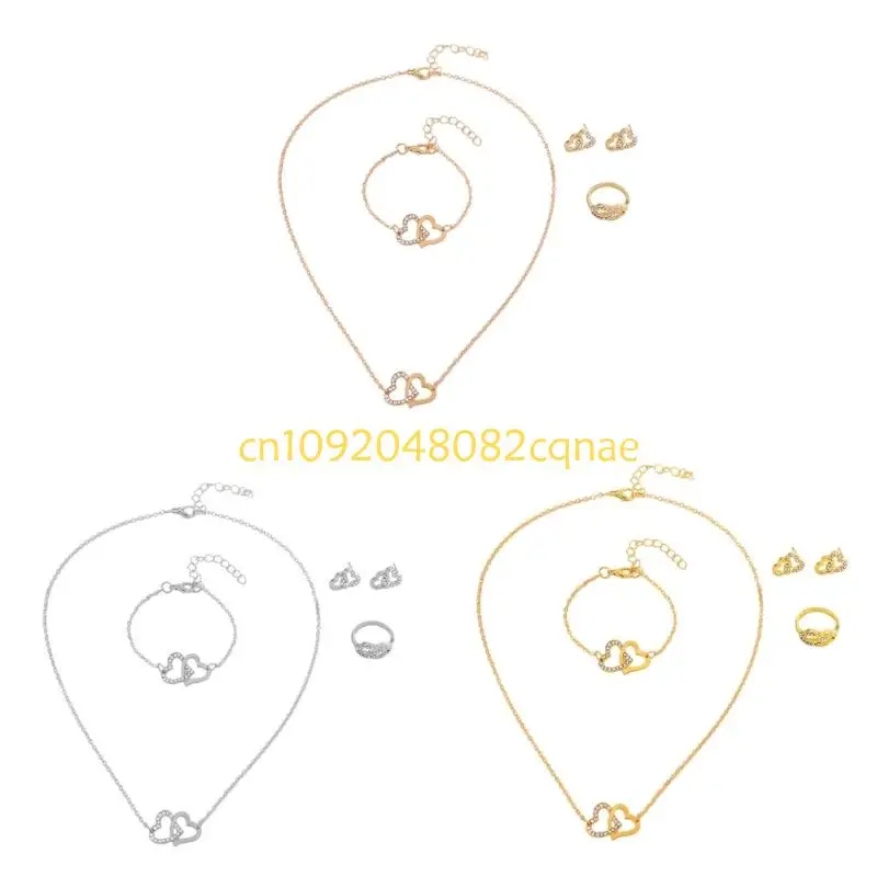 Permanent Mixture Double Heart Jewelry Set 4Pcs Stone Necklace Bangle Earrings For Special Instances