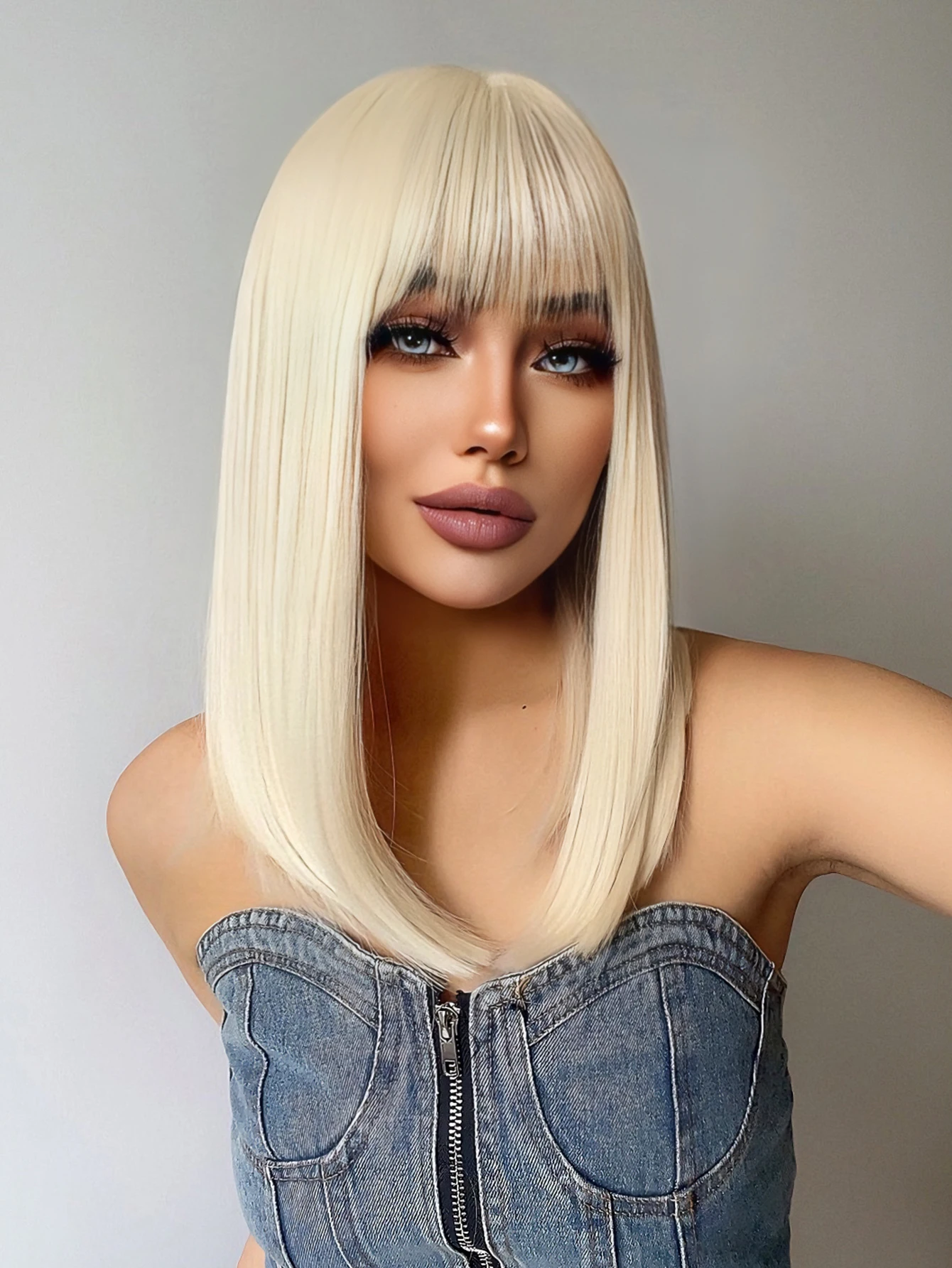 18 Zoll platinblonde synthetische Perücken mit Pony, lange natürliche glatte Haare, Perücke für Frauen, täglicher Gebrauch, Cosplay, Party, hitzebeständig