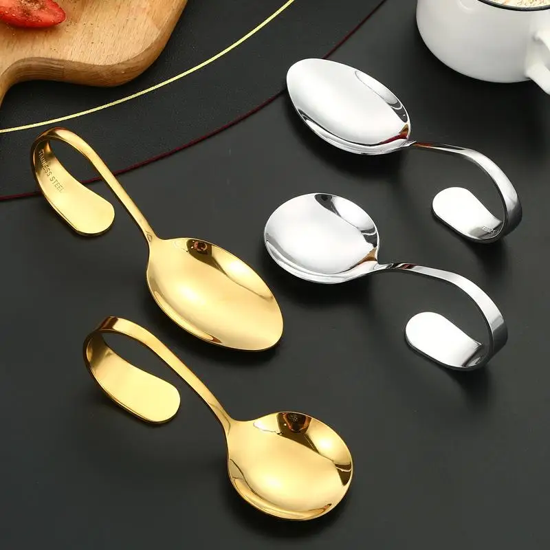 

Stainless Steel Service Tableware Curved Handle Spoon Hotel Golden Independent Dining Curved Hotel Supplies Spoon