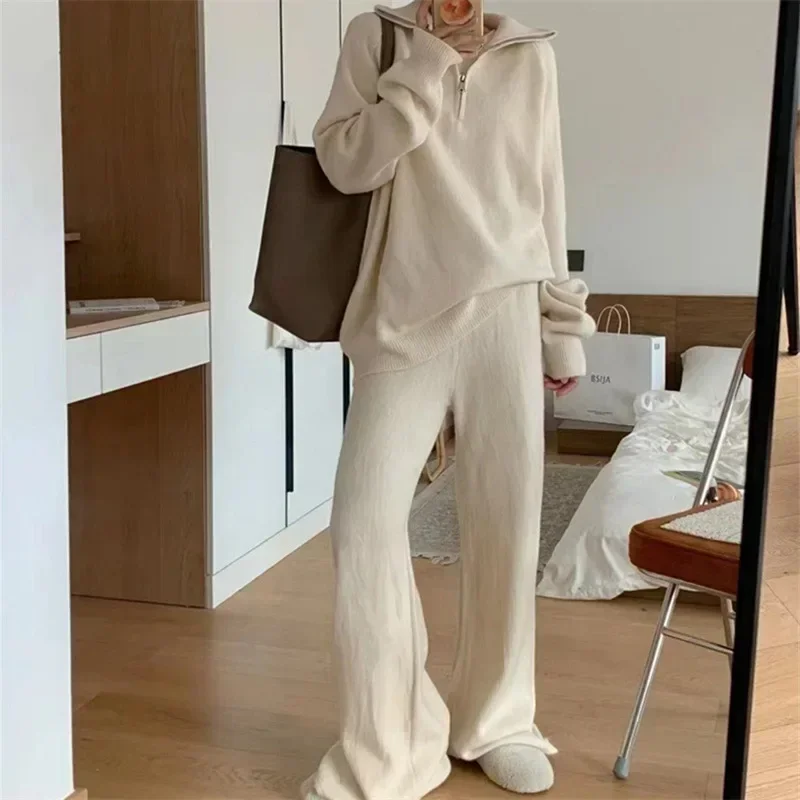 Half Zipper European and American Casual Two-piece Set for Women\'s Autumn and Winternew Style Wide Leg Pants Knitted Sweater Set