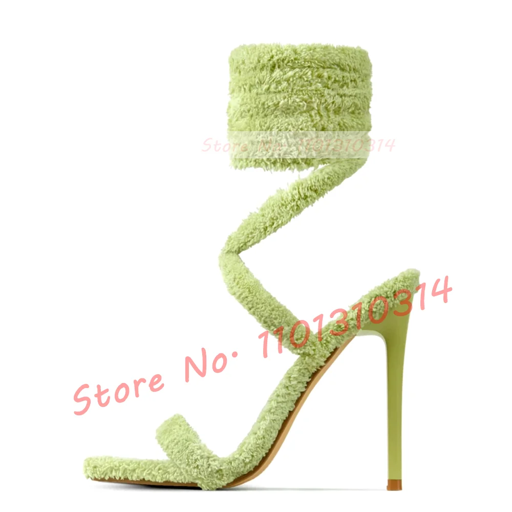 Lace-up Strappy Pointy Toe Sandal In Green Terry Towel Fabric Summer Women's Furry Shoes Elegant Cross Tied Dreamy Stiletto Heel