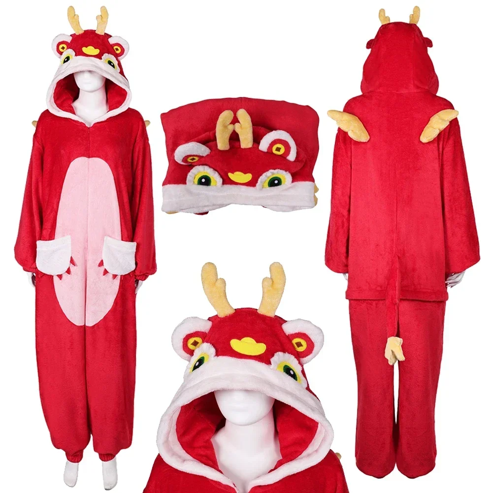 

Zodiac Dragon Cosplay Fantasy Warm Flannel Sleepwear Chinese Spring Festival Costume Disguise Winter Pajamas Homewear Adult