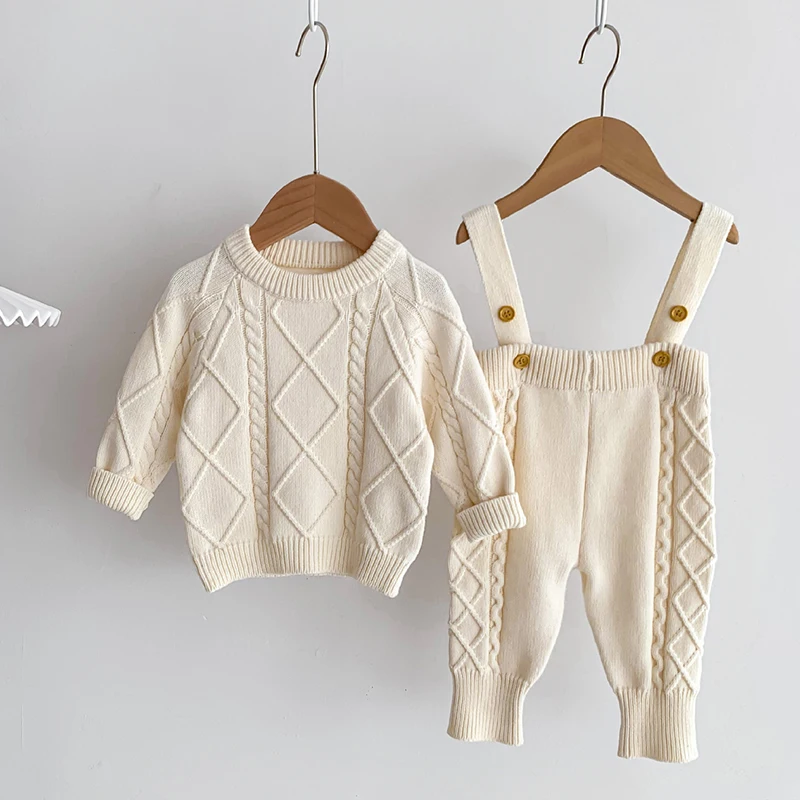 Autumn Spring Korean Style Newborn Baby Girls Boys Solid Color Knitting Clothing Set Sweater Overall Children Clothes Suit