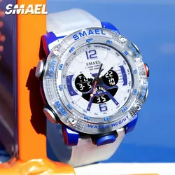 SMAEL Digital Watch Men Fashion Chronograph Quartz Electronical Wristwatch with Transparent White Strap Auto Date Dual Time 8058