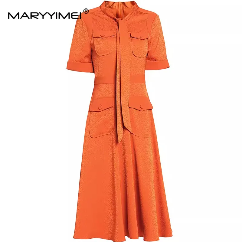 

MARYYIMEI Fashion Designer Spring Summer women's Lace up collar Short Sleeve Button Leisure Solid Color Dresses