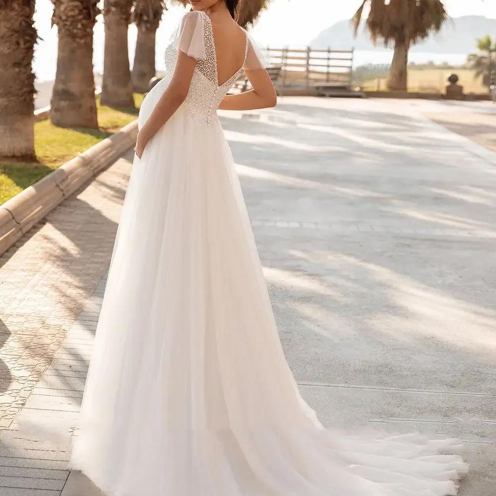 

Bohemian Wedding Dresses for Pregnant Womens V-neck Short Sleeves Simple Tulle A Line Sequin Pregnancy Brides Dress Cheap 2023