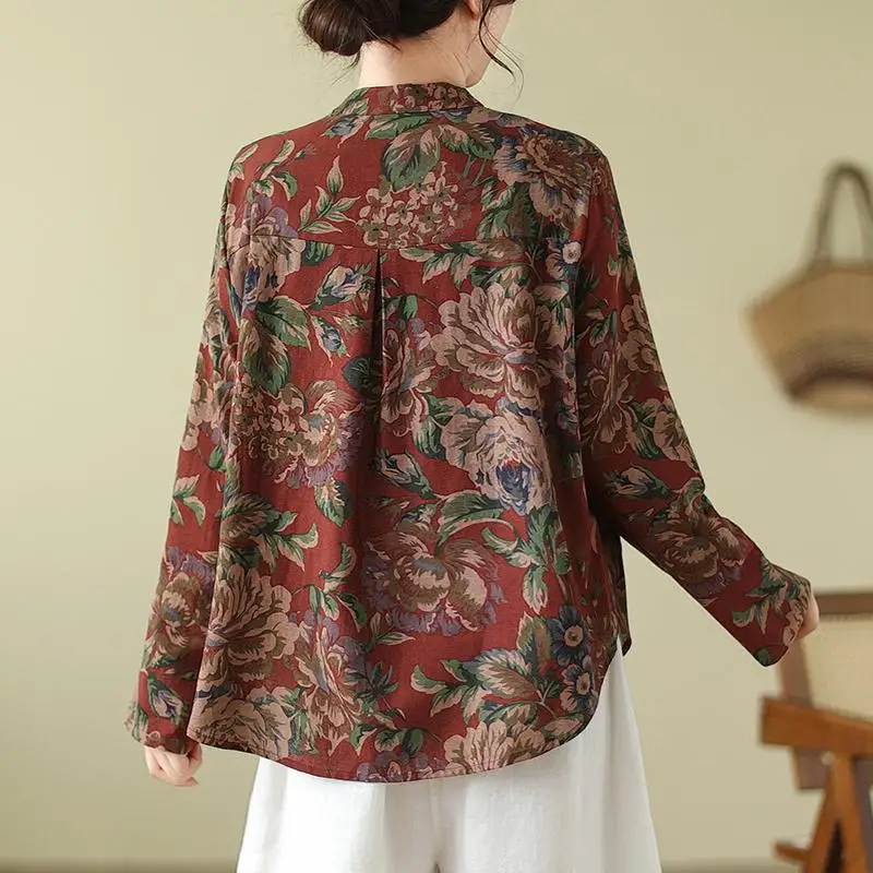 Blusa de lino y algodón para mujer, camisa informal holgada de manga larga con cuello levantado y estampado de flores, Estilo Vintage, novedad de primavera y otoño, 2024