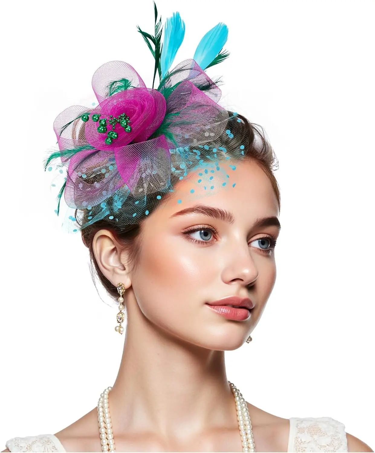 

Kentucky Fascinators Hats for Women Derby Tea Party Hat Flower Mesh Feathers Headband Headwear Hair Clip Girls