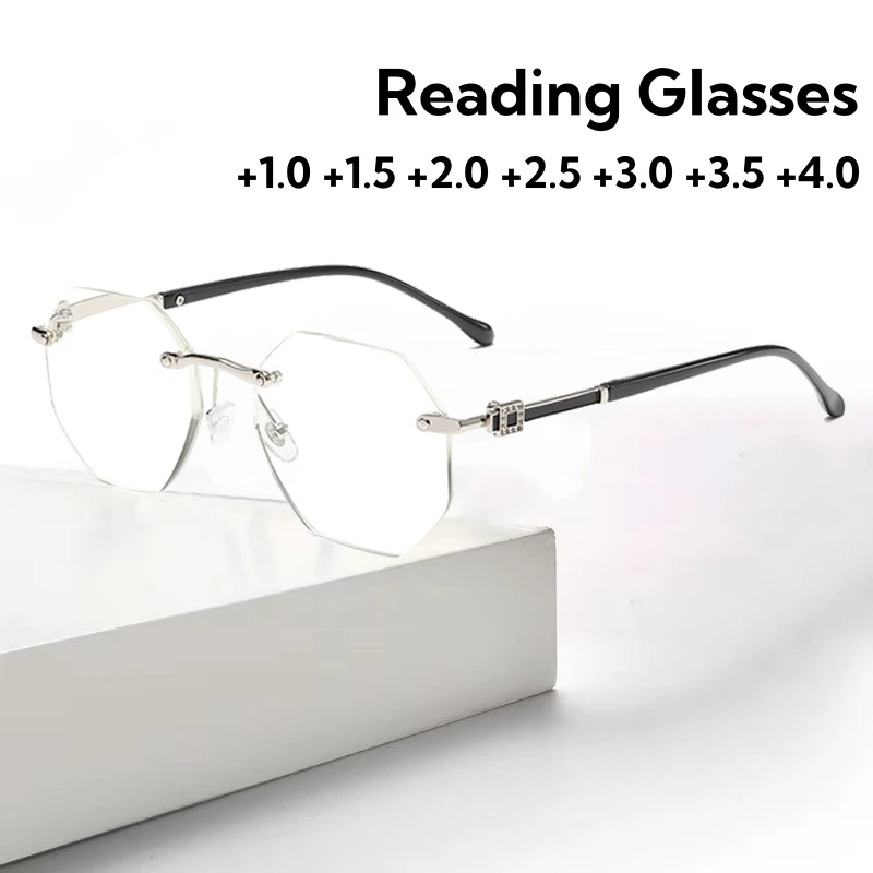 

Frameless Polygon Blocking Blue Light Men Presbyopia Eyeglasses High Quality Mens Reading Glasses Clear Lens Far Sight Eyewear