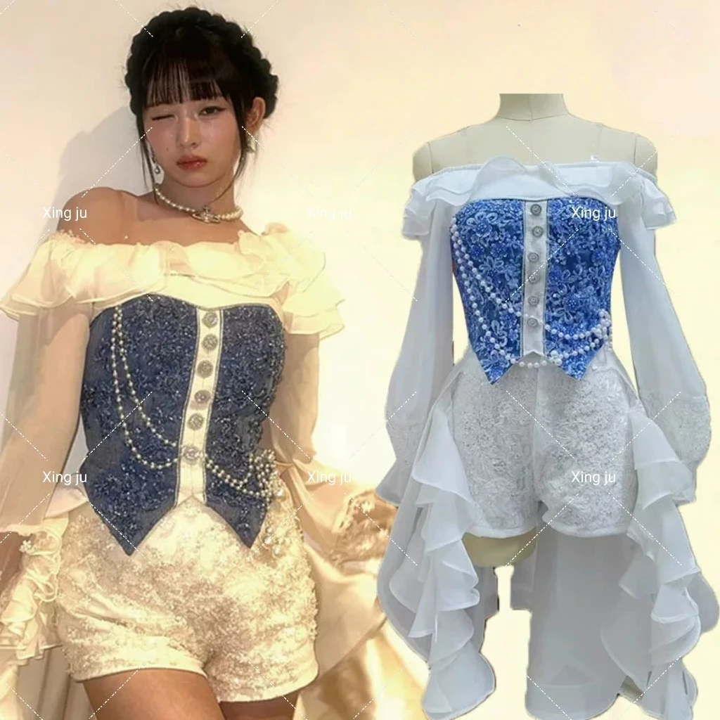 Kpop Damska Grupa Letnia Nowa Impreza Biała Słodka Bez Ramiączek Księżniczka Krótka Sukienka Jazz Dance Show Kostiumy Sceniczne Wakacje Rave Wear