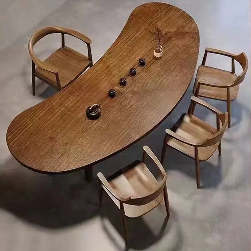 

Solid wood tea table balcony bedroom tea table and chair combination curved new tea table chair