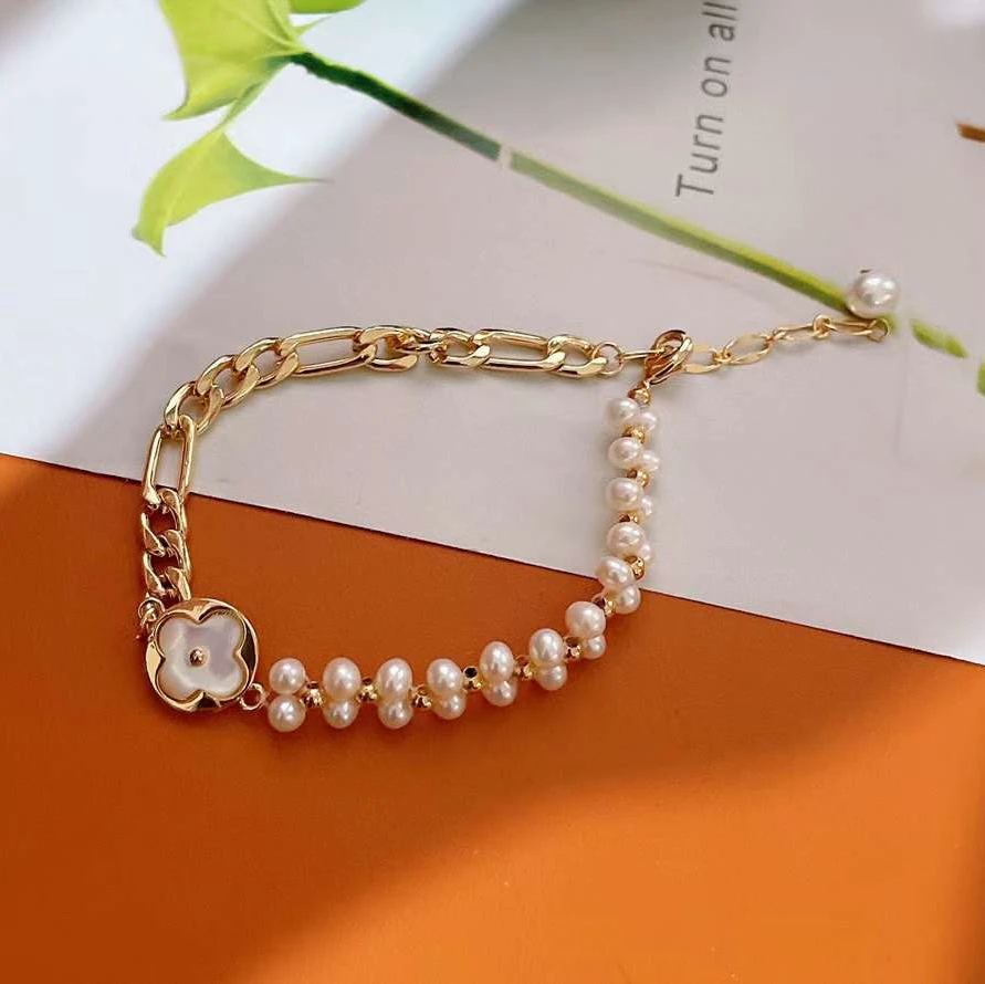 Natural shell inlaid 18K gold Plated four-leaf clover with 3-4 mm high quality freshwater pearl bracelet pearl braided bracelet