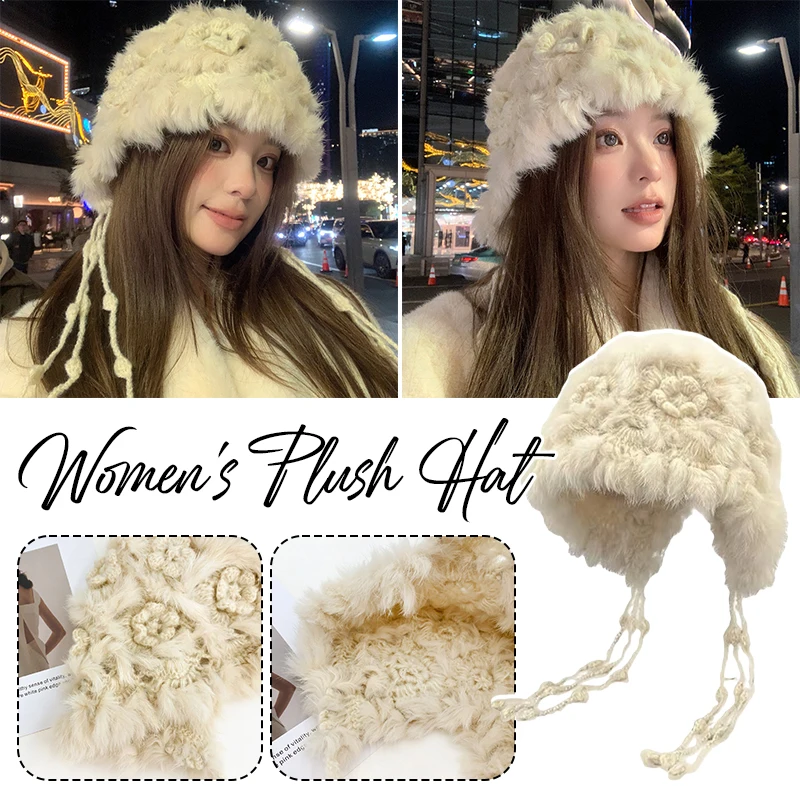 

New rabbit fur knitted furry pullover hat for women's winter travel photography, small face and ear protection hat