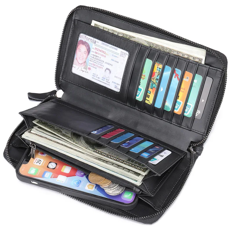 Men's long-style leather wallet handbag, top layer cowhide money pocket, retro handbag, men's leather wallet