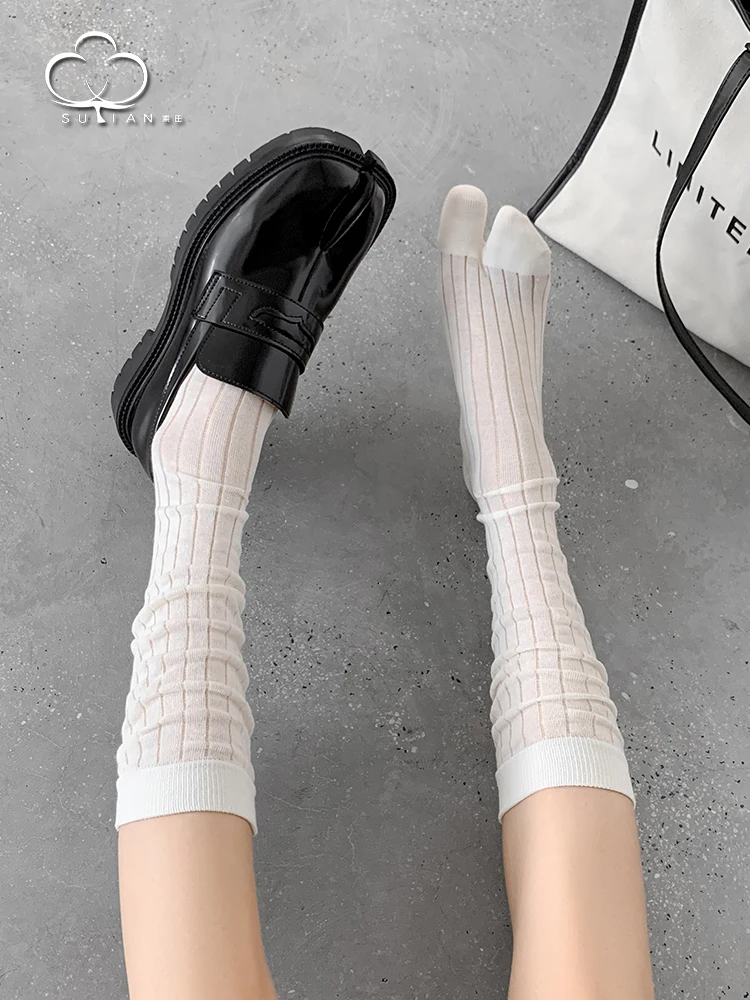 

Women's Long Tube Sos with Stripe Pattern Separate Toe for Little Leather oes Calf Length Sos Ladies Two Finger White S...