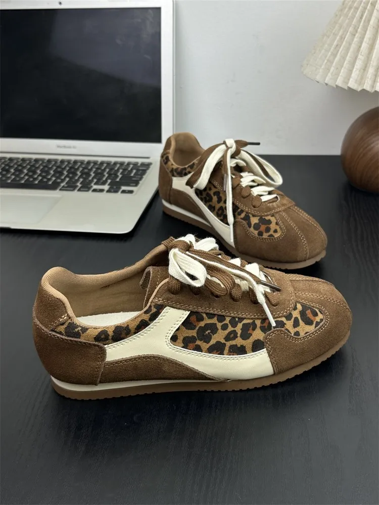 Outside Women Leopard Print Patchwork Comfortable Running Trainers Lace Up Comfortable Non Slip Sports Shoes Flat Sneakers New