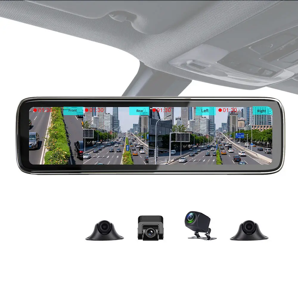 12 אינץ '4 מצלמות ערוץ דרך 360 מעלות צפייה בציפורים מצלמת רכב Dvr Dash Cam עם מסך מגע מראה אחורית חכמה למשאיות