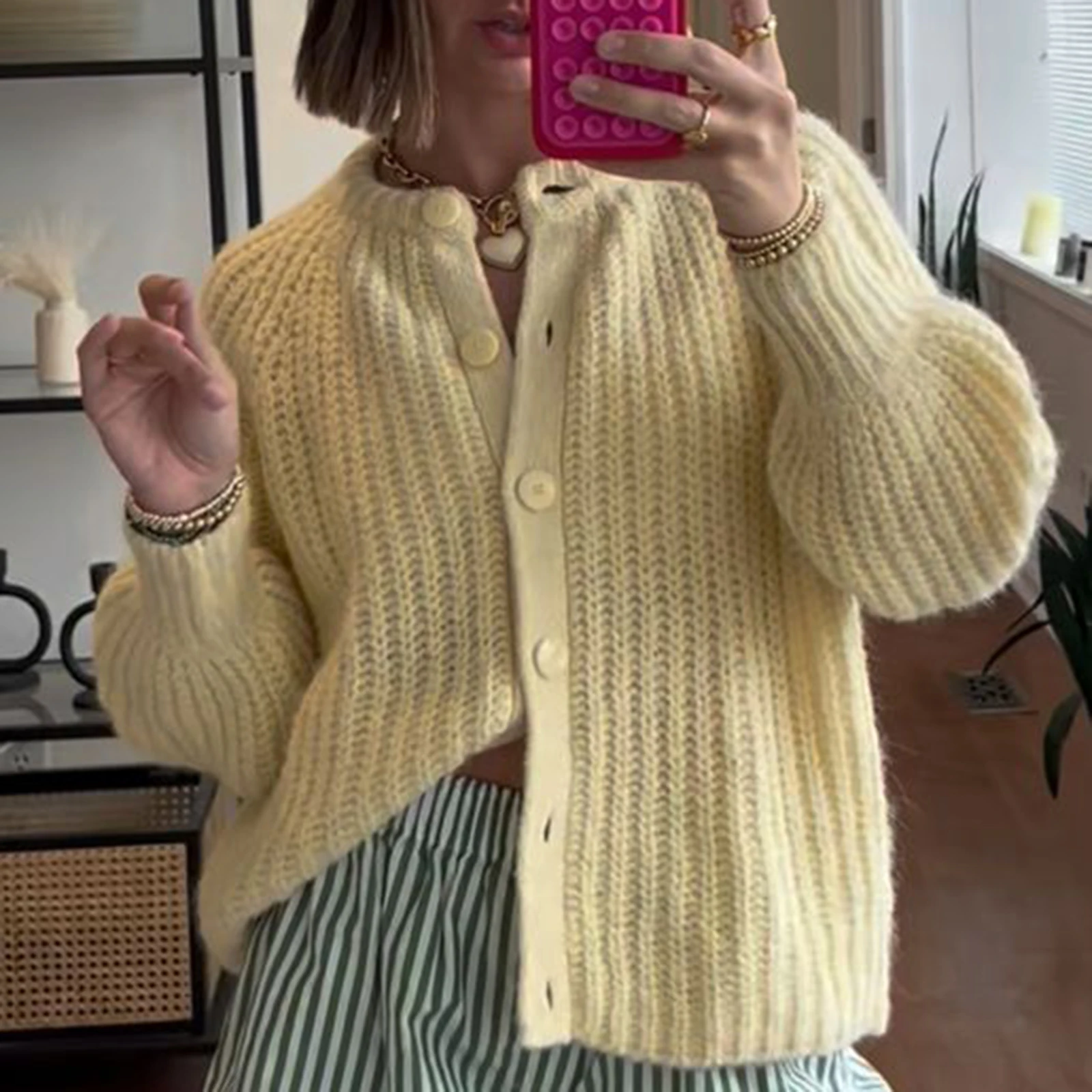 Women Autumn Knitted Cardigan y2k Long Sleeve Crew Neck Button Up Open Front Cable Knitted Crop Sweater Jackets Streetwear