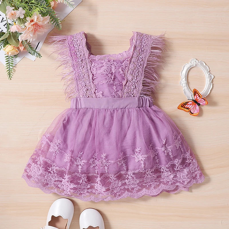 Toddler Baby Girls Lace Floral Dress Summer Feather Sleeve Princess Clothes Children Backless Embroidery Jumpsuits Outerwear