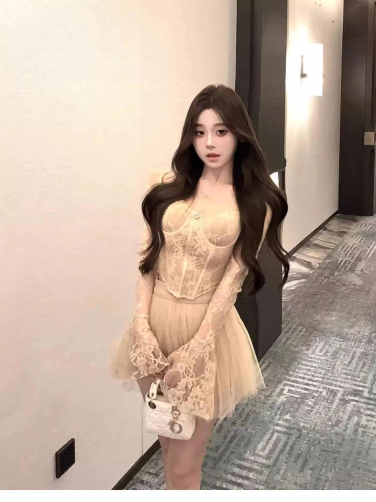 

Women's Lace Splicing Flared Sve Top High Waist Puffy ort Skirt Two-Piece Set Pure Desire Sle Autumn Winter New Arrival