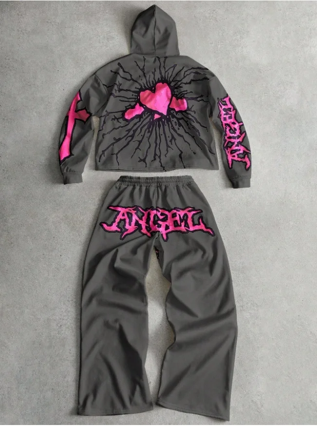 Herbst/Winter Hoodie Set American Street Y2k Hip Hop Trendy Herren 3D Erwachsene Hoodie Taille Hosen Geeignet für Männer und Frauen