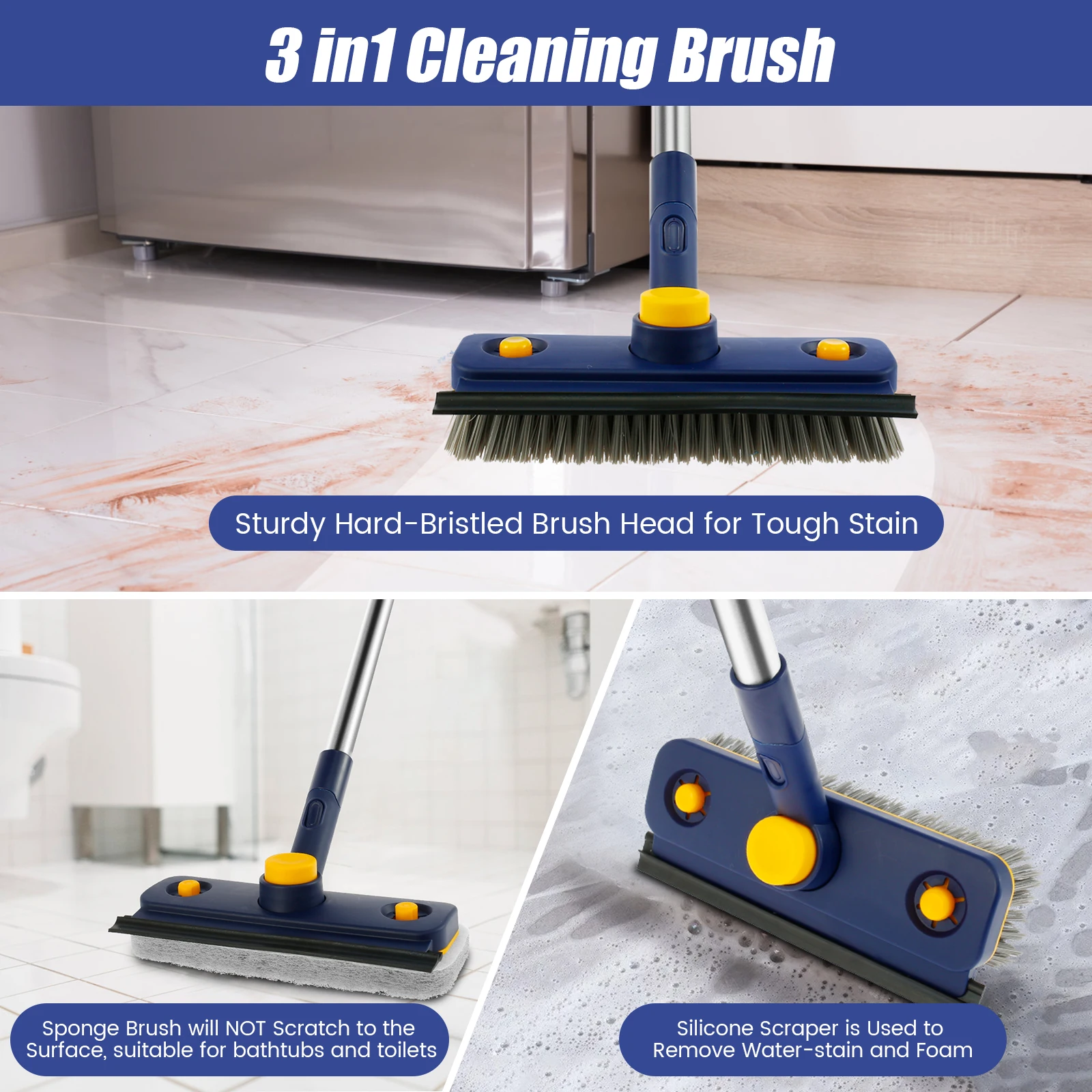 Long Handle Scrub Brush Multifunctional 360° Rotatable Non-Scratch Bathtub Scrub Brush 3 in 1 Extendable Bathroom Cleaning Brush