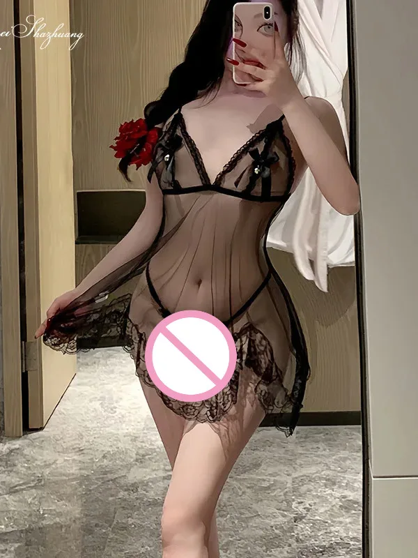 Elegante Sheer Sexy Kleid Spitze Sexy Nachthemd Mesh Bowknot Hohl Pure Desire Mädchen Sexy Transparent Tiefem V Ärmelloses Kleid KC2C