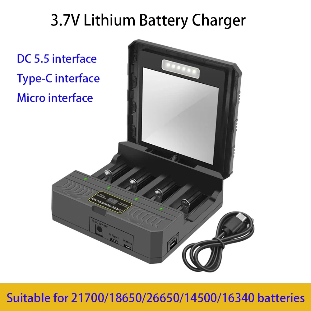 Carregador de Bateria de Lítio Solar Inteligente, Tipo-C, USB, Quatro Ranhuras, Multifunções, Exterior, 3.7V, 18650, 26650, 21700 Baterias